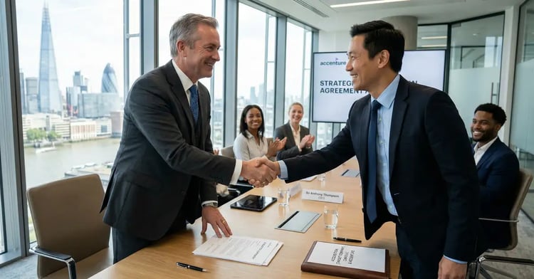 UK CEO in modern London boardroom shaking hands with executive over Accenture acquisition agreement, celebration mood with professional documents and corporate setting