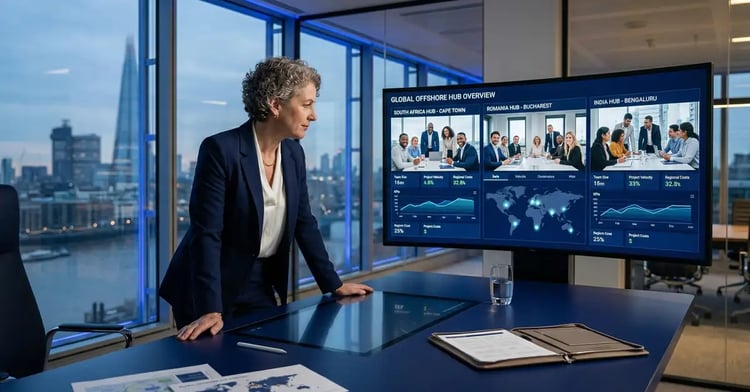 CEO reviewing offshore team strategy dashboard in modern London office with global hub locations displayed on screen