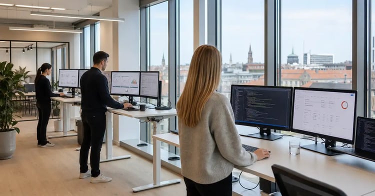 Scandinavian technology office with software developers working on ERP systems at modern workstations