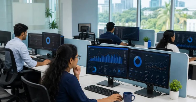An embedded offshore data and analytics team working on energy consumption dashboards in a modern office
