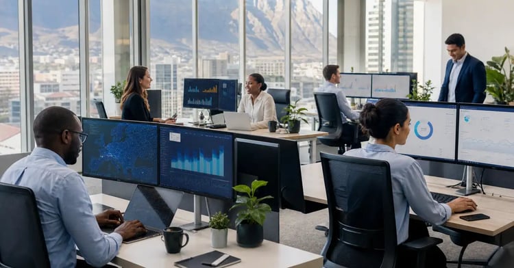 Embedded offshore operations team for a UK energy company working in a modern office with energy dashboards