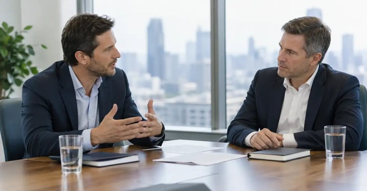 Illustrative image of two company founders in conversation at a boardroom table in a bright office