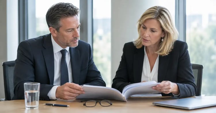A chief executive and a chief financial officer reviewing a printed report together at a boardroom table