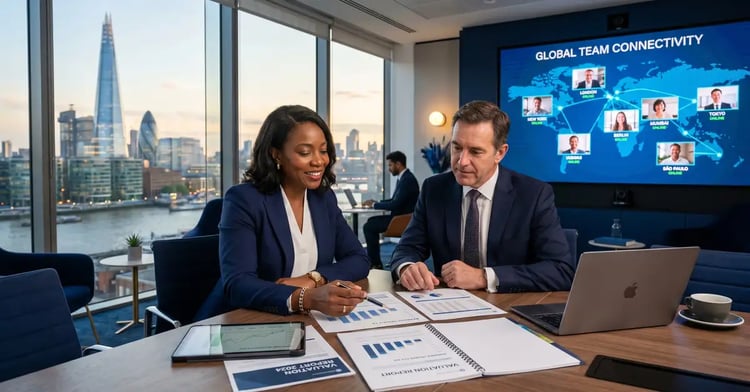 CEO and CFO reviewing exit valuation strategy with global offshore team connections displayed on screen