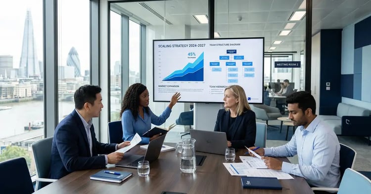 Business professionals comparing insourcing and outsourcing strategies on a whiteboard with cost data