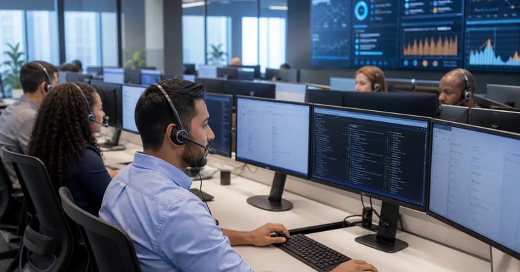 A modern IT service desk operations room with support analysts working at multi-monitor workstations
