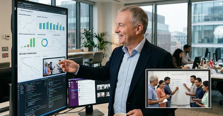 UK CTO reviewing offshore engineering metrics on video call with diverse Bengaluru software engineering team, showing successful distributed team coordination