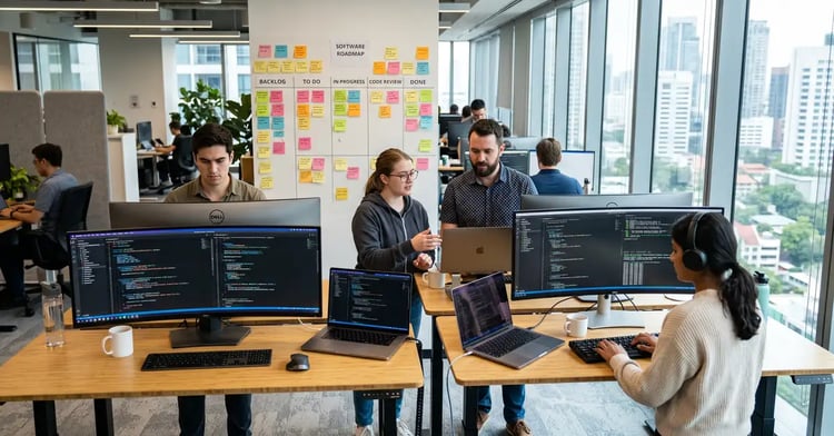 Software development team collaborating on product roadmap with code on screens in a modern technology workspace